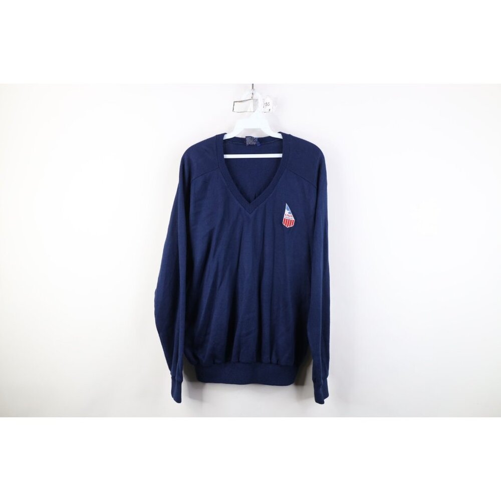 Vtg 80s 90s Mens L Team Issued USA Olympics Swimming Team Swim Knit Sweater Blue